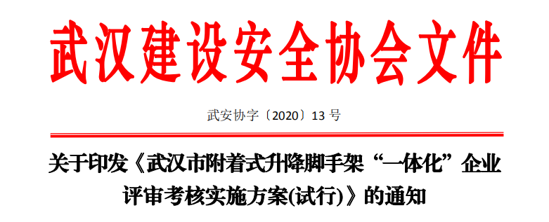 关于印发《武汉市附着式升降脚手架“一体化”企业评审考核实施方案(试行)》的通知